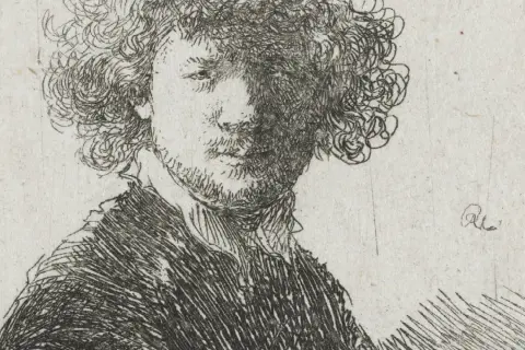 Een ruw, gedetailleerd Rembrandt zelfportret met krullend haar en een schaduw over het gezicht. De kunstenaar kijkt peinzend.