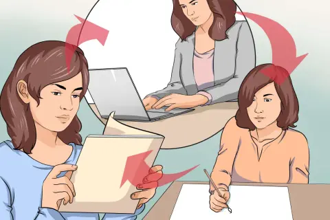 Portfolio afbeelding: Drie vrouwen werken aan hun taken. Eén leest een document, één typt op een laptop en één schrijft. Rode pijlen suggereren een cyclus van werk.