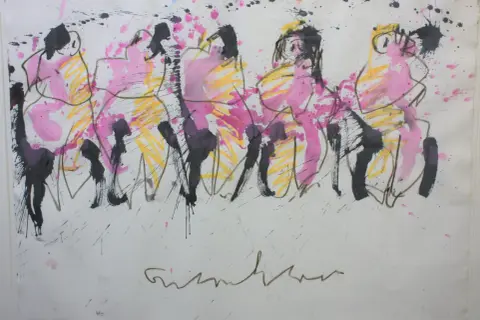 Abstracte figuren in roze en geel, met zwarte en paarse accenten. Een kenmerkende handtekening van Anton Heiboer onderaan.