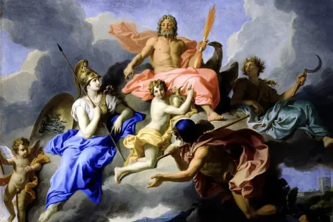 Een hemelse bijeenkomst met bekende griekse goden namen: Zeus, Athena, Apollo, Hermes en meer, zwevend op wolken.