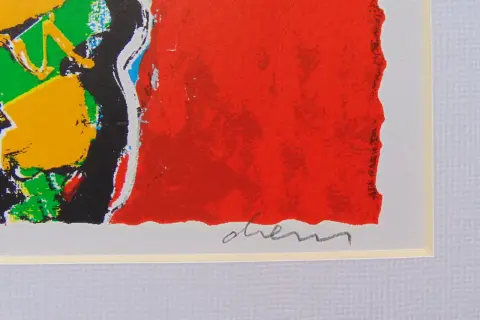 Abstracte kleuren met een rode achtergrond en een handtekening van Peter Diem.