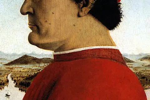 Een man in rood, met een landschap op de achtergrond. Een van de bekende portretten uit de Renaissance.