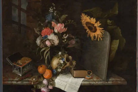 Vanitas still life with flowers, skull, open box of coins, oranges, and a book with Hebrew text.