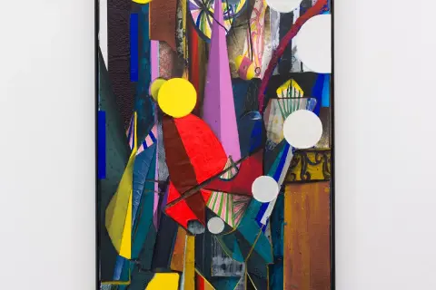 Abstract collage met felle kleuren en vormen, kenmerkend voor Tjebbe Beekman.