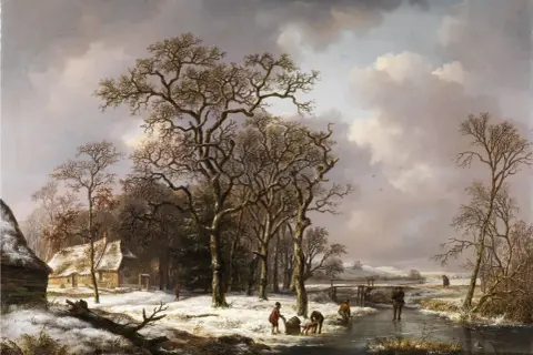 A Dutch winter landscape with people skating on a frozen canal, a thatched cottage, and bare trees under a cloudy sky.