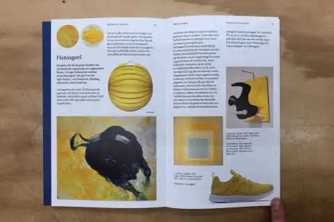 Een schilderij van Monica Rotgans met een stier, een gele lampion en een gele sneaker, allemaal in hansageel.