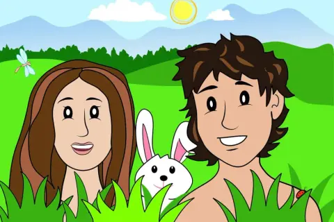 Adam en Eva, met een konijn en lieveheersbeestje, in een paradijselijke tuin.