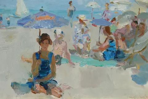 Een levendige impressie van een zonnige dag op het strand, met mensen onder parasols. Dit is een typisch Isaac Israels strandtafereel.
