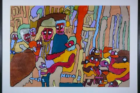 Levendige, expressieve marion bloem schilderijen met een groep kleurrijke, abstracte figuren in een drukke scène.