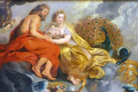 Zeus en Hera, de koning en koningin van de goden, omringd door pauwen en een adelaar. Hera is de vrouw van Zeus.