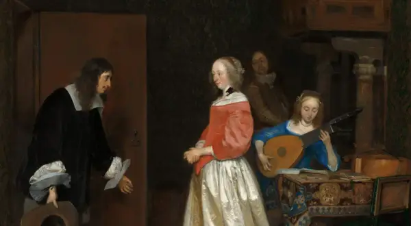 Een man in een zwarte jas, mogelijk een bezoek aan een dame in een rode jurk, terwijl een vrouw luit speelt. Een tafereel uit Gerard ter Borch's oeuvre.