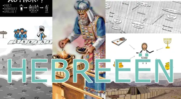 Een collage met Bijbelse afbeeldingen, waaronder een priester, een stamboom met Abel, en de tekst "HEBREËN".