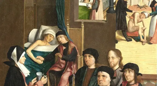 Een tafereel van de zeven werken van barmhartigheid: zieken verzorgen, doden begraven en de armen voeden.
