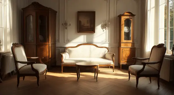 Een salon in biedermeier stijl met een bank, twee stoelen, een salontafel en kasten.