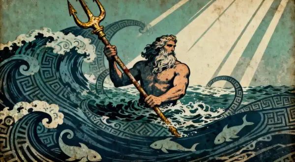 Wie is Poseidon? De god van de zee, met drietand, te midden van woeste golven en vissen.