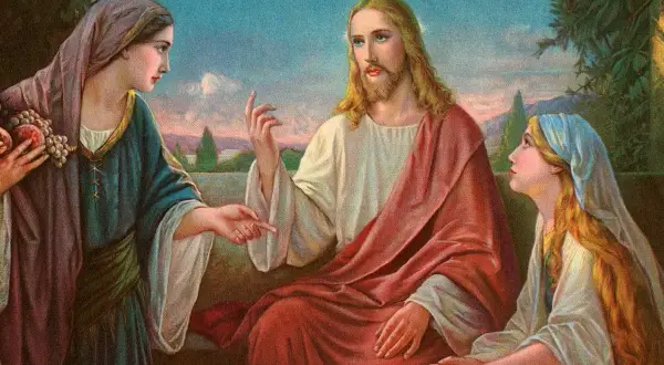 Jezus zit met twee vrouwen, een met fruit, en legt hen iets uit. Wie is Jezus?