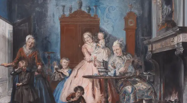 Een tafereel van Cornelis Troost: een gezin geniet van een gezellige middag met koekjes en thee, terwijl de haard knispert.