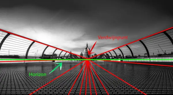 Een brug met een **diagonaal compositie** en lijnen die naar het verdwijnpunt leiden. De horizon is gemarkeerd.