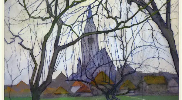 Een schilderachtig **dutch landscape** met een kerk en huizen, omlijst door kale takken.