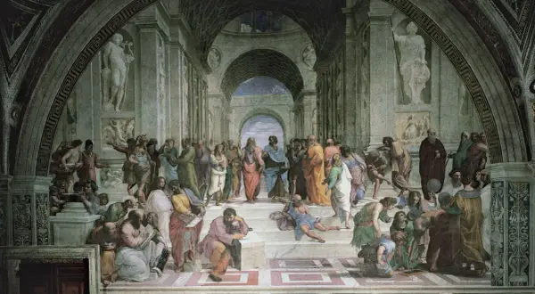 De School van Athene: een fresco met filosofen in een klassieke architectuur. Plato en Aristoteles staan centraal, omringd door denkers.