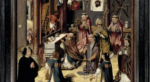 Gedetailleerd tafereel met religieuze figuren, een altaar en symbolen van het lijden van Christus, kenmerkend voor middeleeuwse schilderijen.
