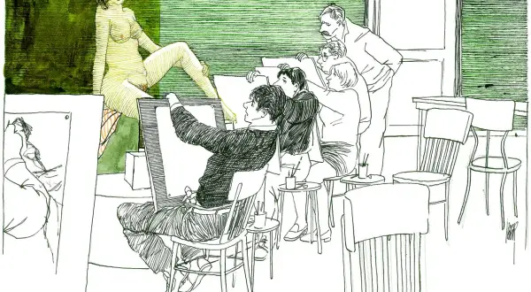 Een kunstklas tekent een naaktmodel. De sfeer is serieus, maar de pose van het model kan als erotische prenten worden beschouwd.