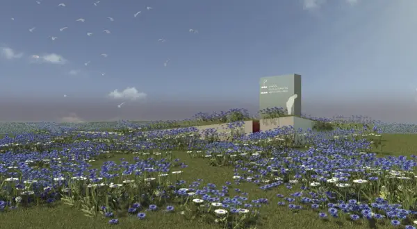 Een bloeiend landschap met een waterval, omringd door blauwe korenbloemen en witte margrieten. Vogels vliegen in de lucht.