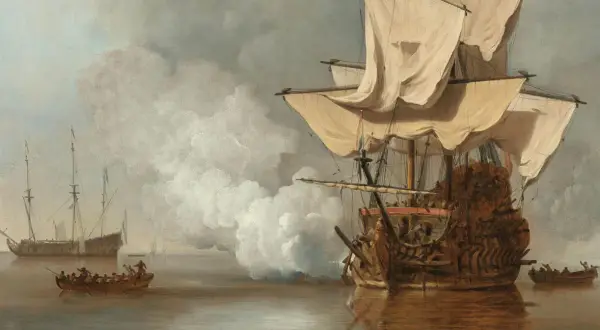 Twee majestueuze hollandse schepen varen op een kalme zee, omringd door mist en kleine roeiboten met zeelieden.