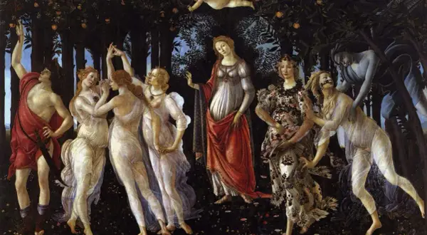 Een prachtig staaltje Italiaanse kunst: nimfen dansen in een bos, terwijl Cupido pijlen schiet.