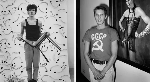 Twee vroege, bekende werken van Erwin Olaf: een man met een stoel voor een abstracte achtergrond en een man met een CCCP-shirt voor een portret.