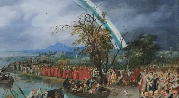 Een processie van geestelijken en leken, sommigen in boten, langs een waterkant, onder een regenboog. Een scène die doet denken aan de zielenvisserij.