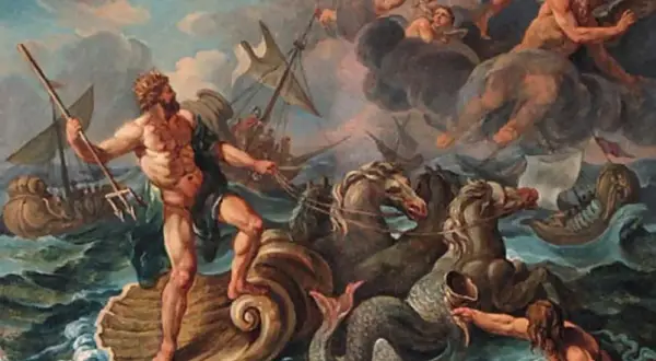 De Griekse god Neptunus rijdt op een schelp, getrokken door paarden met vissenstaarten. Schepen en putti in de lucht.
