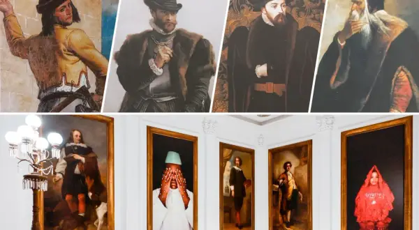 Collage van schilderijen met historische figuren in diverse kledij, van renaissance tot moderne portretten.