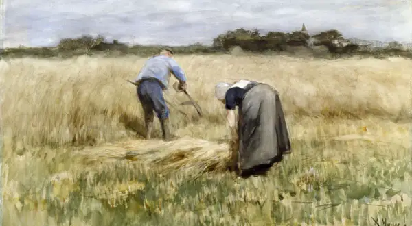 Een boer en boerin oogsten graan, een typisch tafereel van de Haagse School. De zon schijnt op het gouden veld.