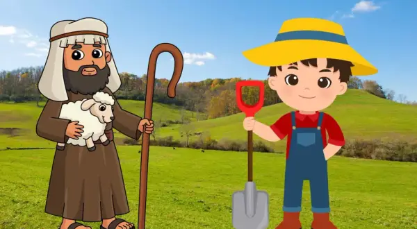Kain, de boer met schep, en Abel, de herder met schaap, staan in een groen landschap onder een blauwe hemel.