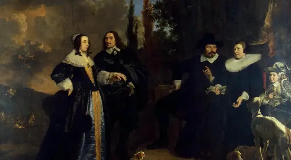 A group portrait of a family with two dogs and a child, painted in a dark, dramatic style.