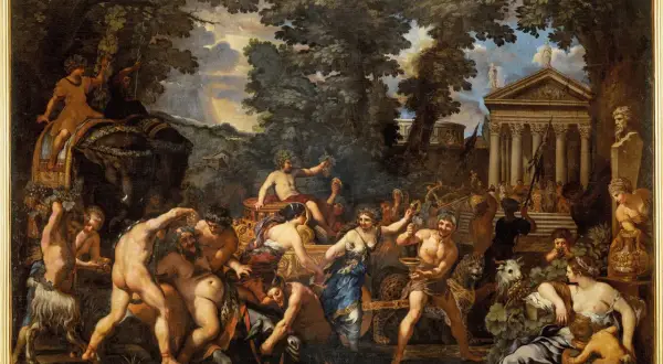 Bacchus, de griekse god van de wijn, viert feest met nimfen en saters. Een triomftocht vol plezier en overvloed.
