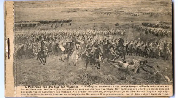 Een levendige waterloo painting toont een chaotische veldslag met cavalerie en infanterie.
