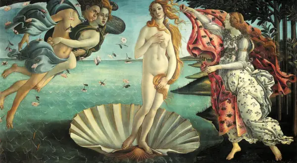 Venus op de schelp, een iconisch werk van renaissance kunst. Ze wordt aangeblazen door de windgoden en verwelkomd door een nimf.