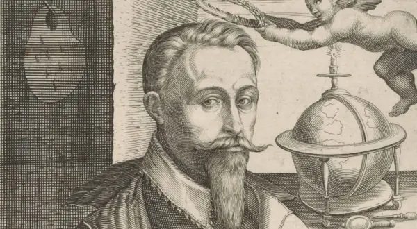 Hendrick Goltzius, een man met een sik, kijkt ernstig. Een putto met een lauwerkrans boven een aardbol met een brandende kaars.