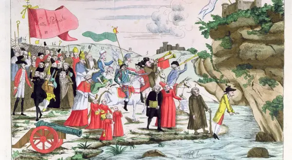 Spotprent Franse Revolutie: geestelijken en edelen vluchten voor de revolutie, terwijl de constitutie op een rots staat.