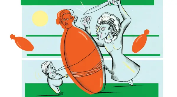 Spotprent Willem V: een vrouw met zwaard dreigt een oranje figuur, terwijl een klein mannetje aan een touw trekt.