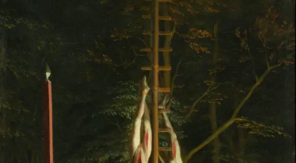 Gruwelijk gebroeders de witt schilderij toont twee opgehangen lichamen in een bos, met een ladder en een paal met een punt.