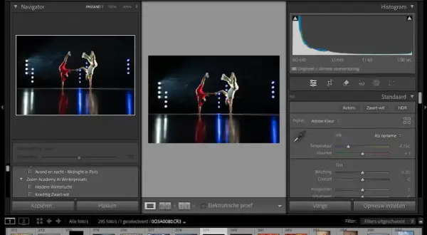 Twee dansers in een handstand op een podium, bewerkt in een gratis Photoshop app-achtige interface.