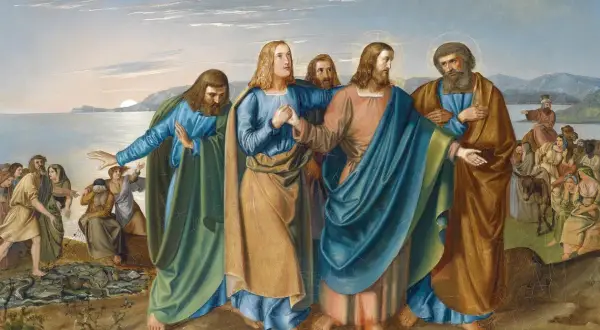 Jezus leidt zijn discipelen, waaronder Petrus, langs de zee. Een menigte volgt hen, sommigen met ezels.