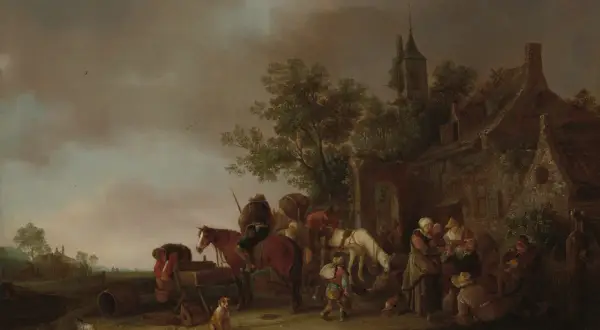 Een levendige scène van Van Ostade met mensen, paarden en kippen bij een herberg, onder een dramatische hemel.