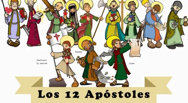 De twaalf apostelen van Jezus, elk met hun eigen symbool, zoals Petrus met de sleutels en Johannes met een adelaar.