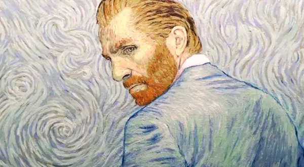 Een schilderij van Vincent van Gogh, met zijn kenmerkende penseelstreken, toont een portret van de kunstenaar zelf, kijkend over zijn schouder.