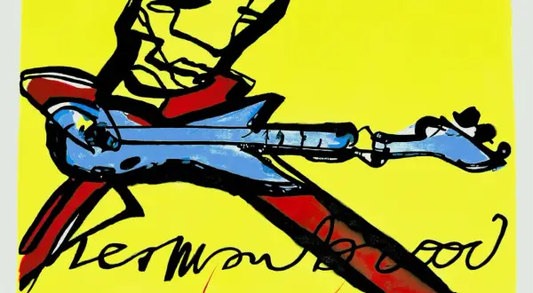 Abstracte afbeelding met een blauwe gitaar en rode accenten, met de handtekening van Herman Brood.