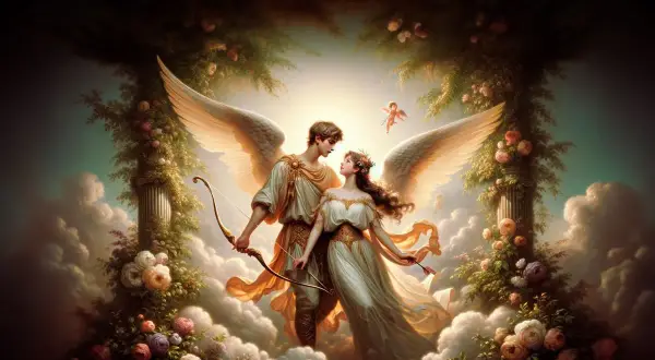 Een gevleugelde man met een boog en pijl, en een vrouw met bloemen in haar haar, omringd door wolken en rozen. Dit is de ware eros betekenis.
